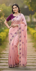 Light Pink Satin Silk Saree with Wine Color Embroidered Blouse With Siroski Diamond
