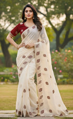 Cream Satin Silk Saree with Maroon Color Embroidered Blouse With Siroski Diamond