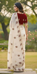 Cream Satin Silk Saree with Maroon Color Embroidered Blouse With Siroski Diamond