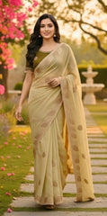Pista Satin Silk Saree with Mhendi Color Embroidered Blouse With Siroski Diamond