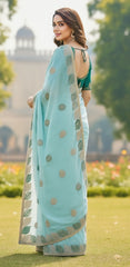 Sky Firoji Satin Silk Saree with Rama Color Embroidered Blouse With Siroski Diamond