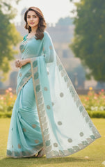 Sky Firoji Satin Silk Saree with Rama Color Embroidered Blouse With Siroski Diamond
