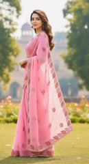 Baby Pink Satin Silk Saree with Rani Pink Embroidered Blouse With Siroski Diamond