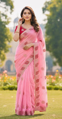 Baby Pink Satin Silk Saree with Rani Pink Embroidered Blouse With Siroski Diamond