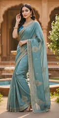 Sky Firoji Color Saree Tuton Set with Heavy Embroidery Morpitch Blouse & Coding Sequin Work