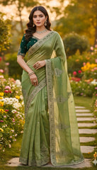 Pista Color Saree Tuton Set with Heavy Embroidery Green Blouse & Coding Sequin Work