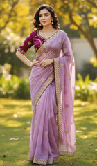 Wine Heavily Embroidered Blouse with Lavender Silk Saree Set – Royal Festive Wear