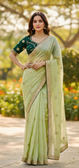 Pista  Saree With Embroidered Heavy Blouse
