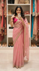 Pink Organza Saree with Heavy Rani Pink Embroidered Blouse | Handcrafted Sequin Work & Scalloped Borders