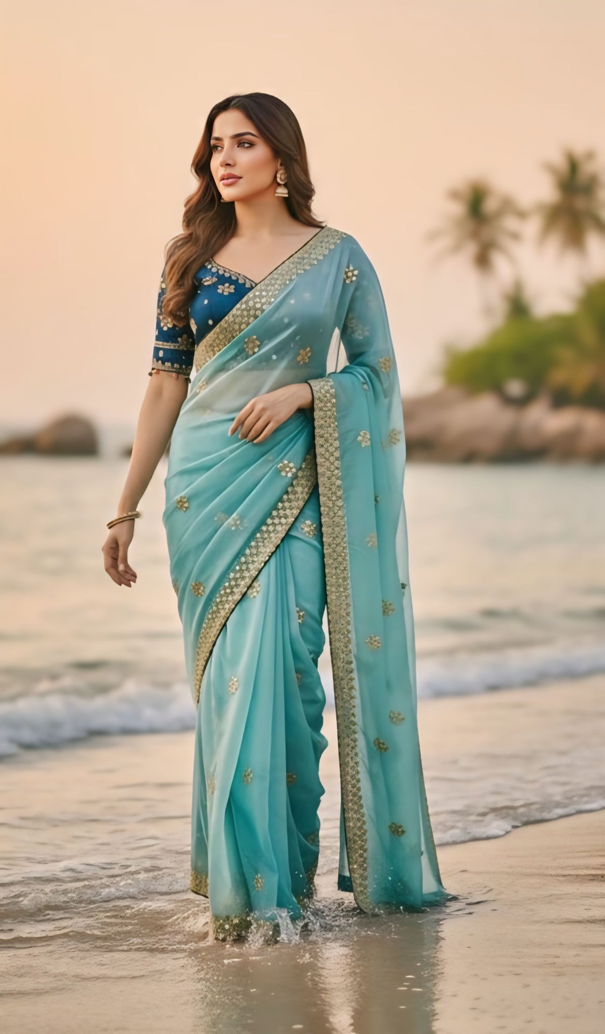 Designer Seafoam Saree with Teal Velvet Embroidered Blouse | Boho-Chic Cowrie Shell Detailing