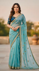 Designer Seafoam Saree with Teal Velvet Embroidered Blouse | Boho-Chic Cowrie Shell Detailing