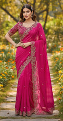 Rani Georgette Saree with Heavy Zari Embroidery & Includes Full Work Blouse