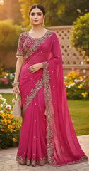 Rani Georgette Saree with Heavy Zari Embroidery & Includes Full Work Blouse