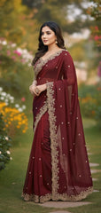 Maroon Georgette Saree with Heavy Zari Embroidery & Includes Full Work Blouse