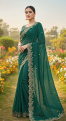 Morpitch Rama Georgette Saree with Heavy Zari Embroidery & Includes Full Work Blouse