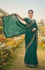 Morpitch Rama Georgette Saree with Heavy Zari Embroidery & Includes Full Work Blouse