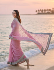 Rose Pink Organza Saree with Sequin Bootis and Intricate Floral Embroidered Blouse