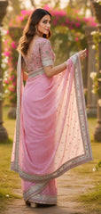 Rose Pink Organza Saree with Sequin Bootis and Intricate Floral Embroidered Blouse