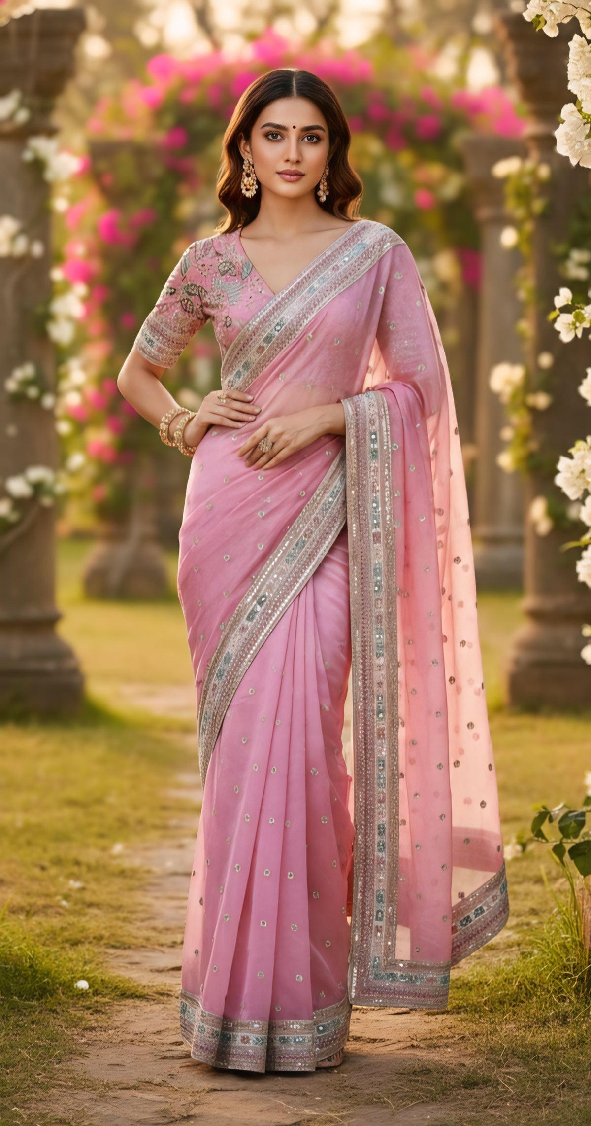Rose Pink Organza Saree with Sequin Bootis and Intricate Floral Embroidered Blouse