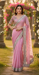 Rose Pink Organza Saree with Sequin Bootis and Intricate Floral Embroidered Blouse