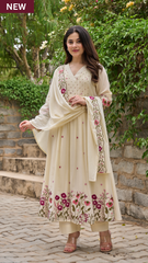 Elegant Off-White Flared Anarkali Kurta Set with Embroidered Dupatta & Pants