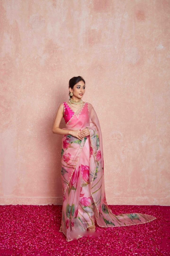 Light Pink Hand-Painted Floral Organza Silk Saree with Handwork Borders & Silk Blouse