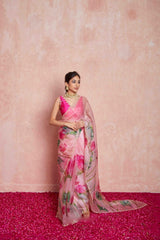 Light Pink Hand-Painted Floral Organza Silk Saree with Handwork Borders & Silk Blouse