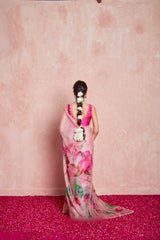 Light Pink Hand-Painted Floral Organza Silk Saree with Handwork Borders & Silk Blouse