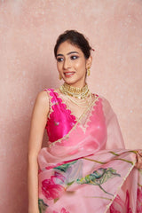 Light Pink Hand-Painted Floral Organza Silk Saree with Handwork Borders & Silk Blouse