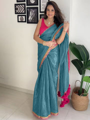 Elegant Teal Metallic Shimmer Saree with Magenta Scalloped Border & Pom-Pom Tassels
