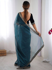 Midnight Teal Organza Saree with Embroidered Velvet Blouse Piece