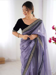 Lavender Shimmer Organza Saree with Contrast Black Velvet Embroidered Blouse
