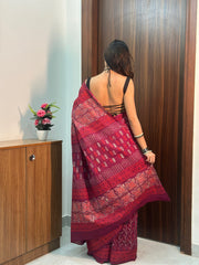 Vintage Plum & Madder Red Hand-Block Printed Cotton Saree – Elegant Ethnic Wear