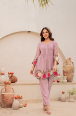 Lavender Pleated Short Kurta with Embroidered Hem & Matching Pants Set