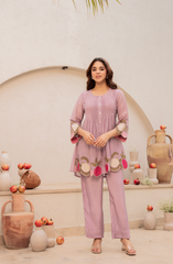 Lavender Pleated Short Kurta with Embroidered Hem & Matching Pants Set