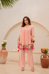 Elegant Peach Pleated Co-Ord Set with Cutwork Embroidery