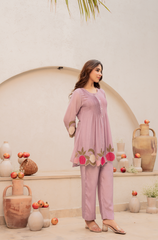 Lavender Pleated Short Kurta with Embroidered Hem & Matching Pants Set