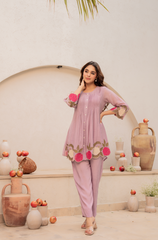 Lavender Pleated Short Kurta with Embroidered Hem & Matching Pants Set