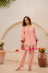 Elegant Peach Pleated Co-Ord Set with Cutwork Embroidery