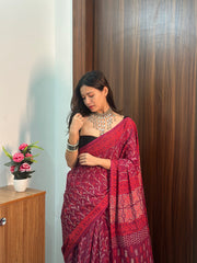 Vintage Plum & Madder Red Hand-Block Printed Cotton Saree – Elegant Ethnic Wear