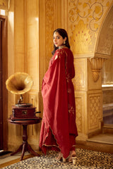 Royal Maroon Embroidered Silk Anarkali Suit Set with Scalloped Dupatta