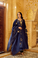 Elegant Navy Blue Embroidered Kurta Pant Set with Scalloped Border Dupatta