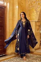 Elegant Navy Blue Embroidered Kurta Pant Set with Scalloped Border Dupatta