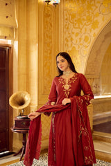 Royal Maroon Embroidered Silk Anarkali Suit Set with Scalloped Dupatta