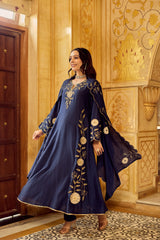 Elegant Navy Blue Embroidered Kurta Pant Set with Scalloped Border Dupatta