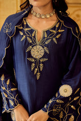 Elegant Navy Blue Embroidered Kurta Pant Set with Scalloped Border Dupatta