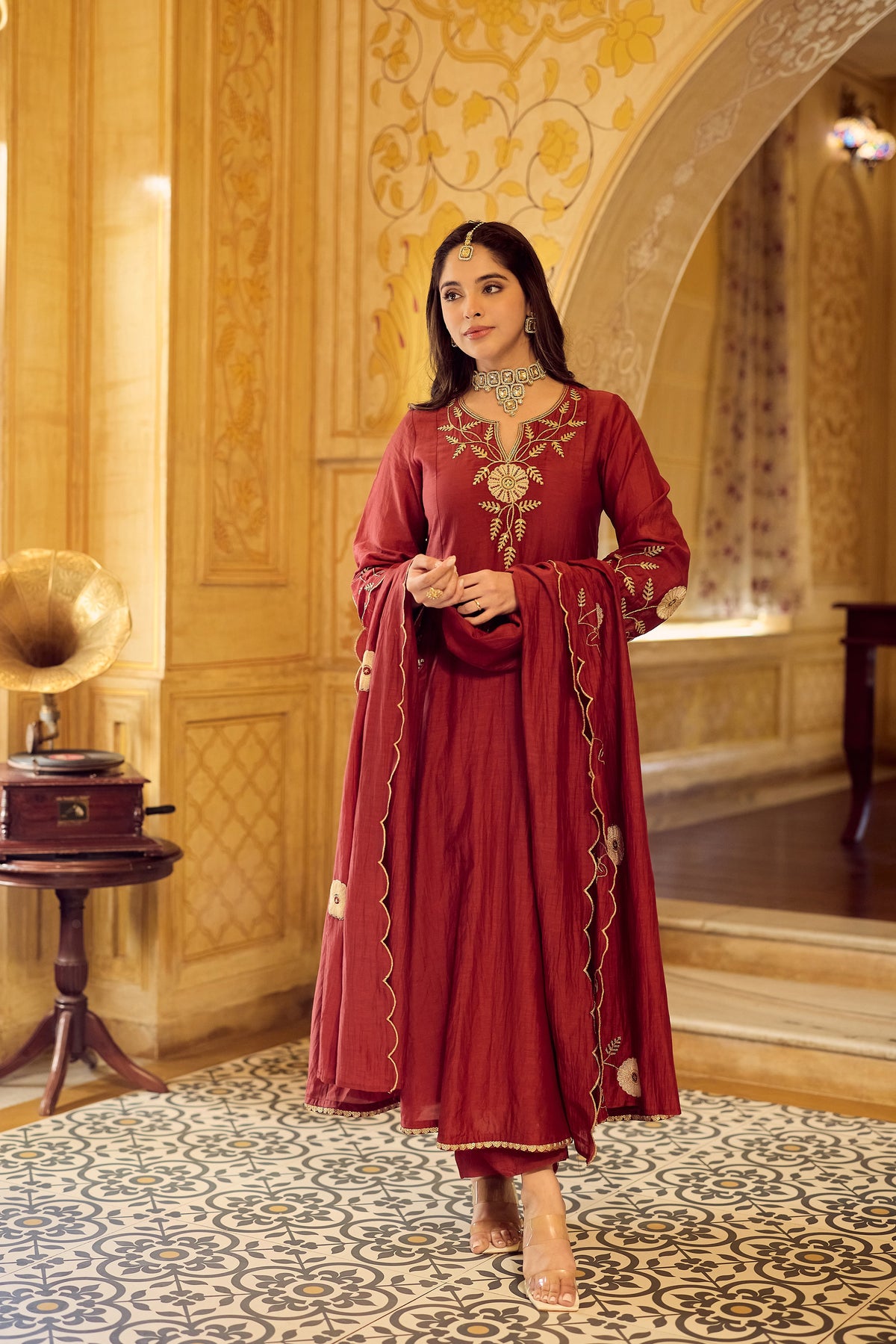 Royal Maroon Embroidered Silk Anarkali Suit Set with Scalloped Dupatta