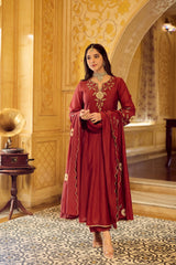 Royal Maroon Embroidered Silk Anarkali Suit Set with Scalloped Dupatta