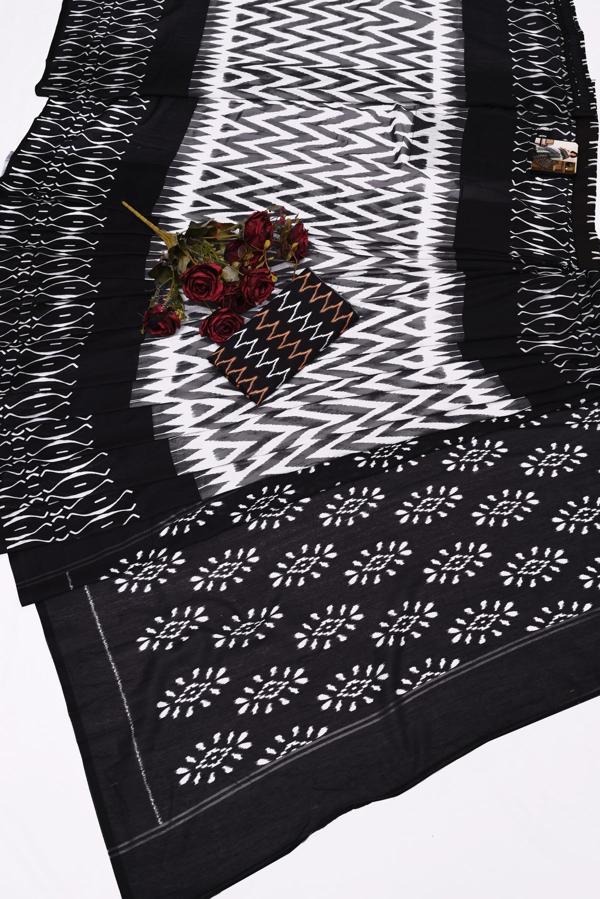 Midnight Monochrome: Hand-Block Printed Chanderi Cotton Saree with Geometric Ikat Patterns & Designer Sleeveless Blouse