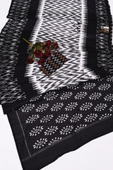 Midnight Monochrome: Hand-Block Printed Chanderi Cotton Saree with Geometric Ikat Patterns & Designer Sleeveless Blouse
